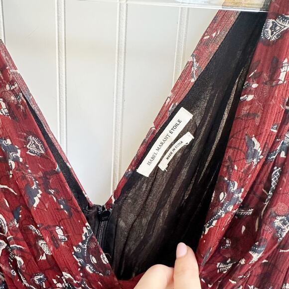 Isabel Marant Etoile Balzan Silk Polka Dot Dress Burgundy Strapless V Neck Sz 6 - Picture 2 of 8